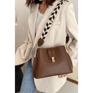 Brown Faux Leather Bag Black Cream Chevron Strap